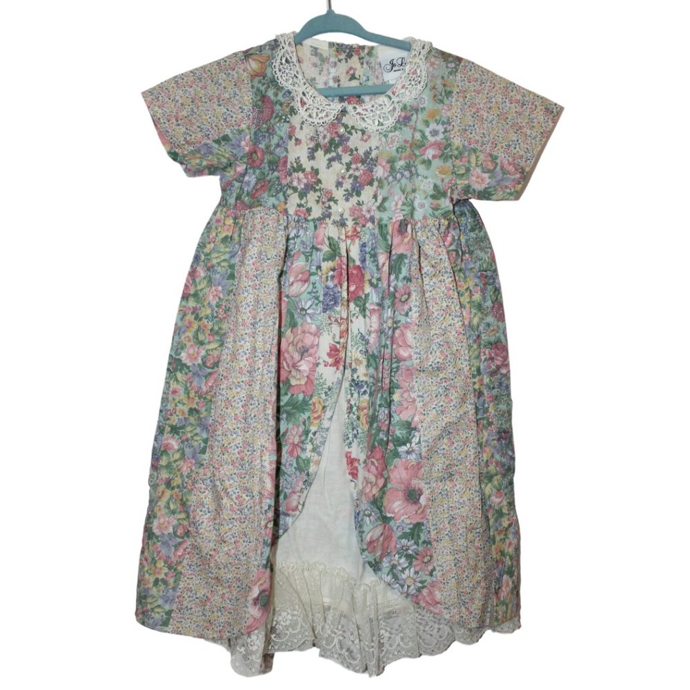 Vintage Jo Lene Floral Short Sleeve Dress USA Crochet Eyelet Cotton Girls Size 5